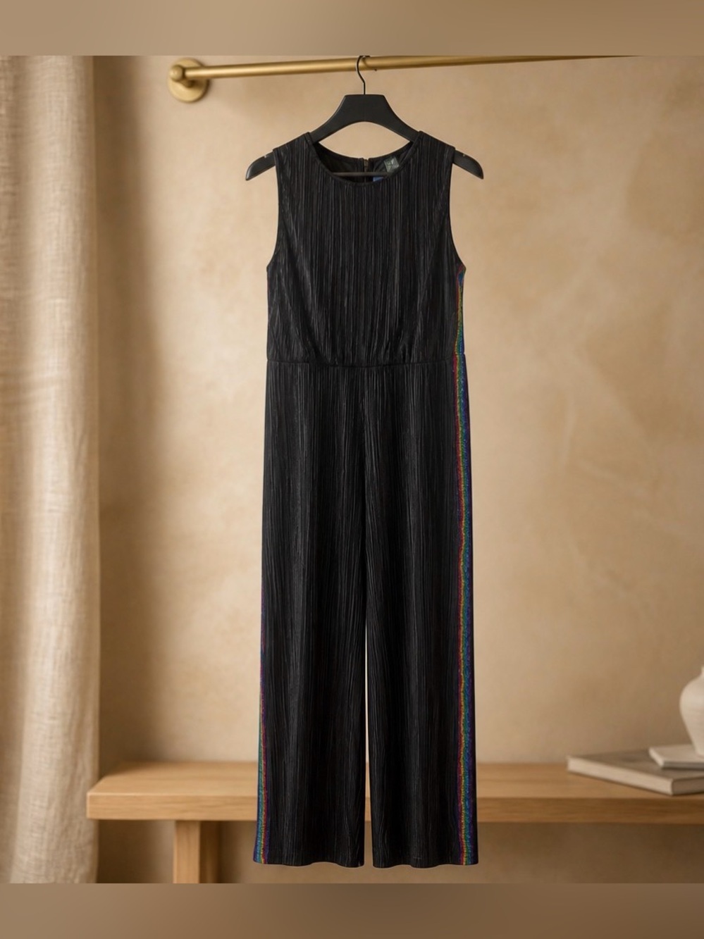 wild fable Black Sleeveless Jumpsuit with Rainbow Side Stripe Detail